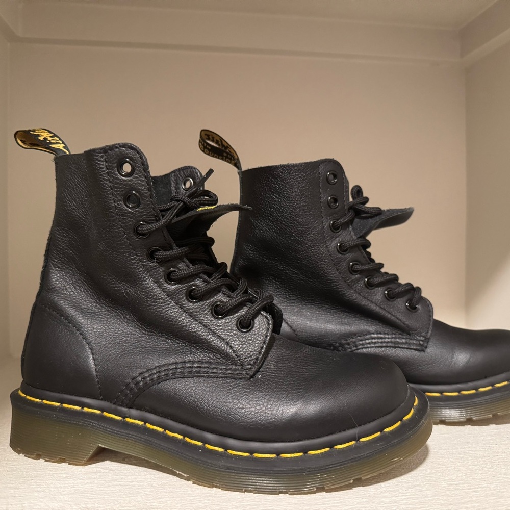 Dr. Martens Black Combat Moto Boots with Yellow Stitching